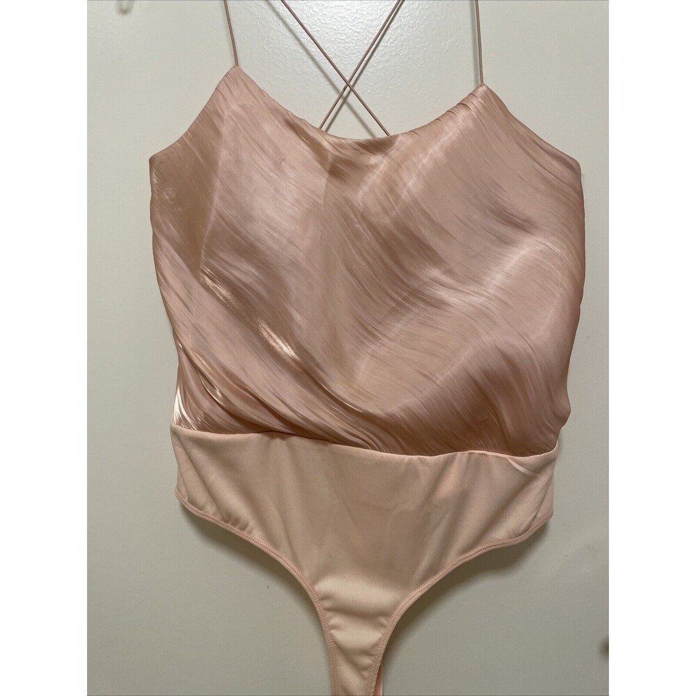 Leith NEW Dusty Metallic Pink Satin Bodysuit Flutter Top L Spaghetti Strap